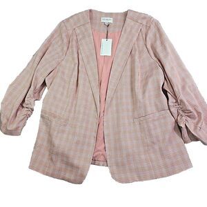 Skies Are Blue Blazer Jacket Womens 2X Plus Mauve Plaid Ruched 3/4 Sleeve New